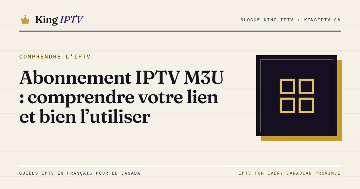 Lien M3U et lien EPG affichés sur un ordinateur portable, à côté d’un téléviseur qui montre une grille de chaînes IPTV