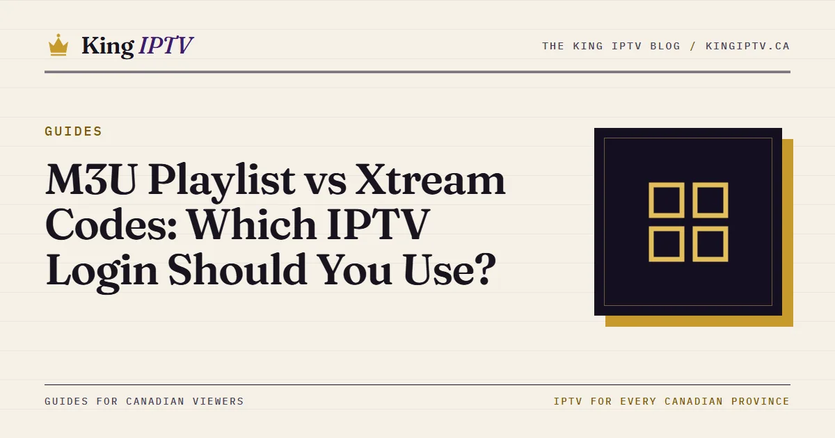 M3U playlist link compared with an Xtream Codes login screen showing server URL, username and password fields on a TV
