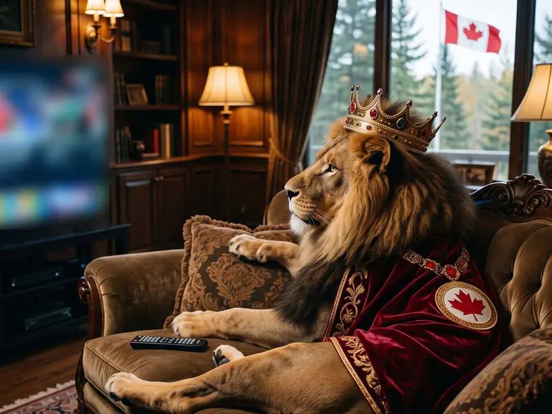 IPTV Canada: the King IPTV lion, crowned and in a maple leaf robe, watching live TV in a Canadian living room